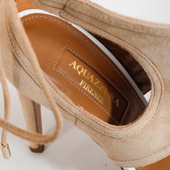 Aquazzura Beige & White Suede Sandals Heels - Picture 8 of 9